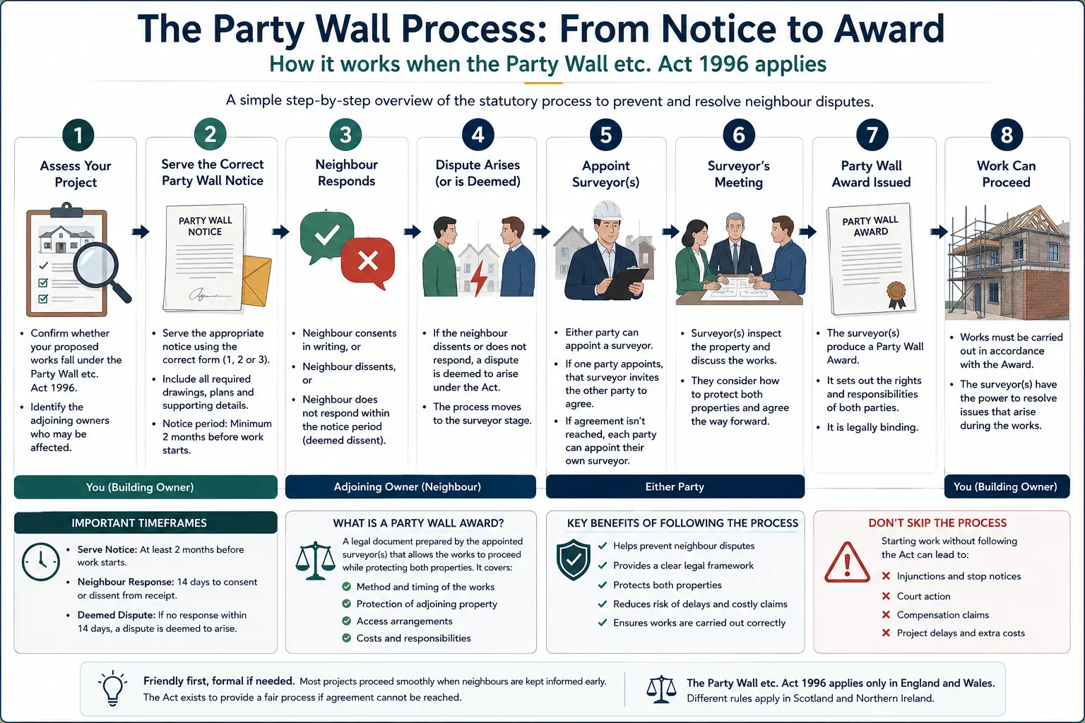 Do I Need a Party Wall Agreement? An infographic showing the party wall process from notice to award in a very interactive way for the citizens living in Blackpool, UK