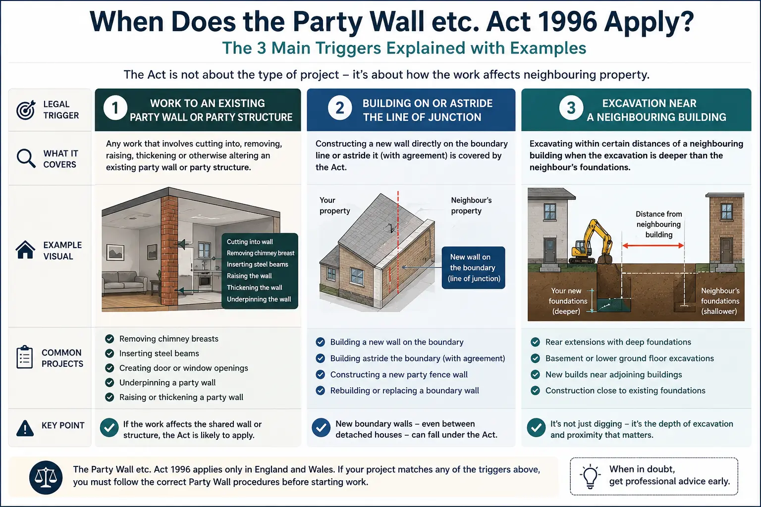 Do I Need a Party Wall Agreement? An infographic showing when does the party wall etc act 1996 apply like excavation, junction, painting, in Blackpool, UK